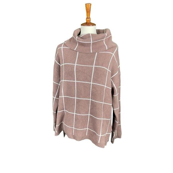 Kirundo Sweater Women XL Caramel Brown Window Pane Check Cowl Neck Soft Knit - Picture 4 of 10